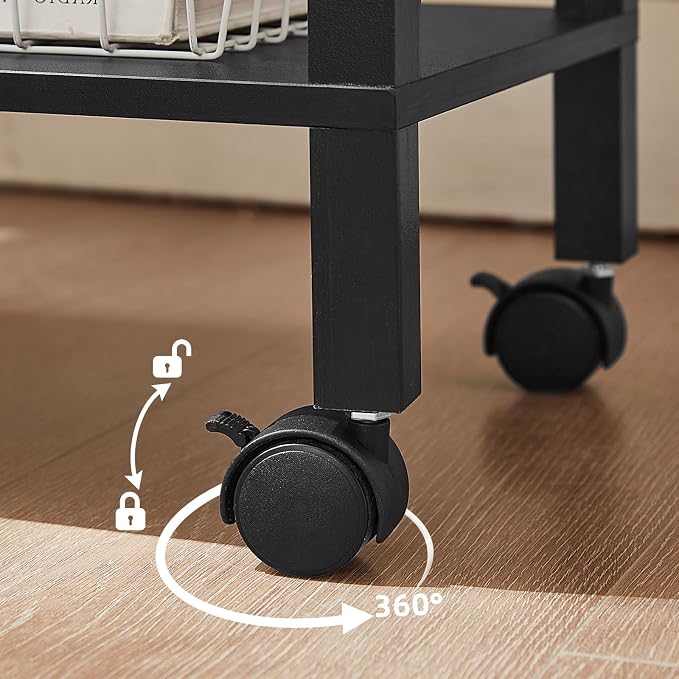YUFAM 2 Tier Under Desk Printer Stand with Storage, Black | Wooden Small Printer Table for Home Office, Rolling Printer Cart Shelf with Lockable Wheels