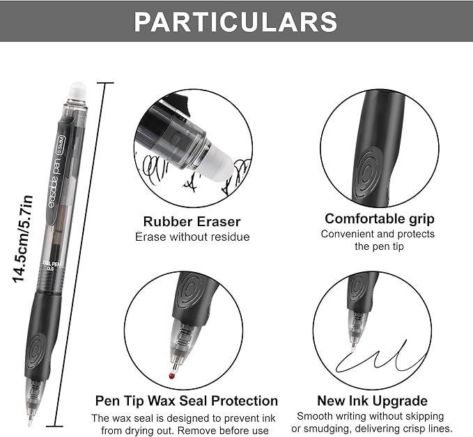 USUAL 90 Black Retractable Erasable Gel Pens Clicker, Fine Point(0.5mm), Make Mistakes Disappear, Premium Comfort Grip, Black Ink for Planners,Smooth Writing Pen Office Back-to-School Supplies