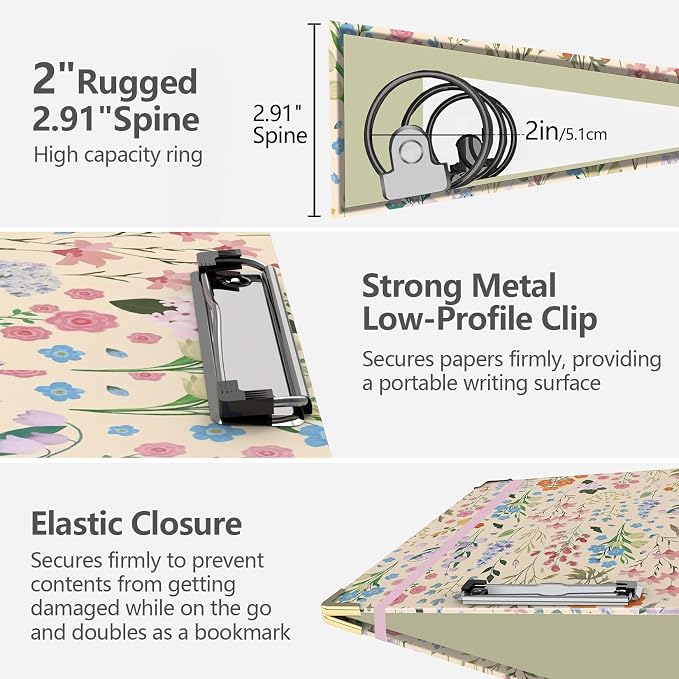 2 Inch 3 Ring Binder, Round Ring Binder with 6 Tab Dividers, 2 Interior Pockets, Cute Binders Clipboard with Storage for Letter-Size, Folders Organizer for School Office, Portfolio (Yellow Flower)