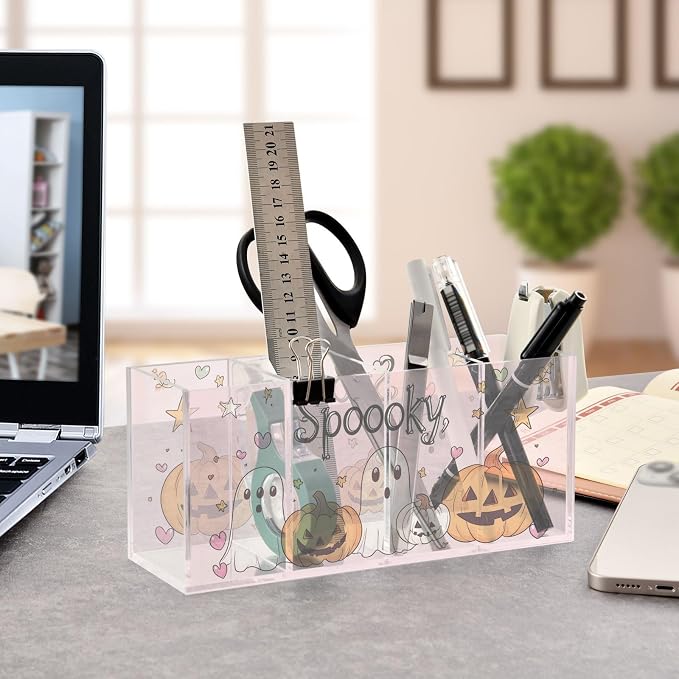 Halloween Cartoon Ghost Clear Acrylic Cutlery and Pen Organizer, Acrylic Plastic Pencil Holder Square 4 Compartments Large Capacity Acrylic Pencil Holder Desk Pencil Organizer