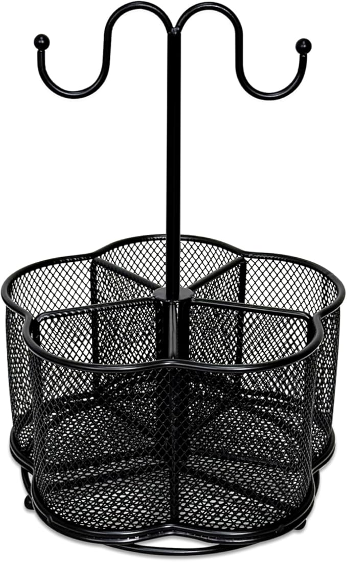 Pen Holder for Desk,360 Degree Rotating Pencil Holder Organizer | 5 Compartments,Large Capacity Pencil Holder for Desk,Metal Rust Prevention,Pen Organizers for Home(Black, With hook)