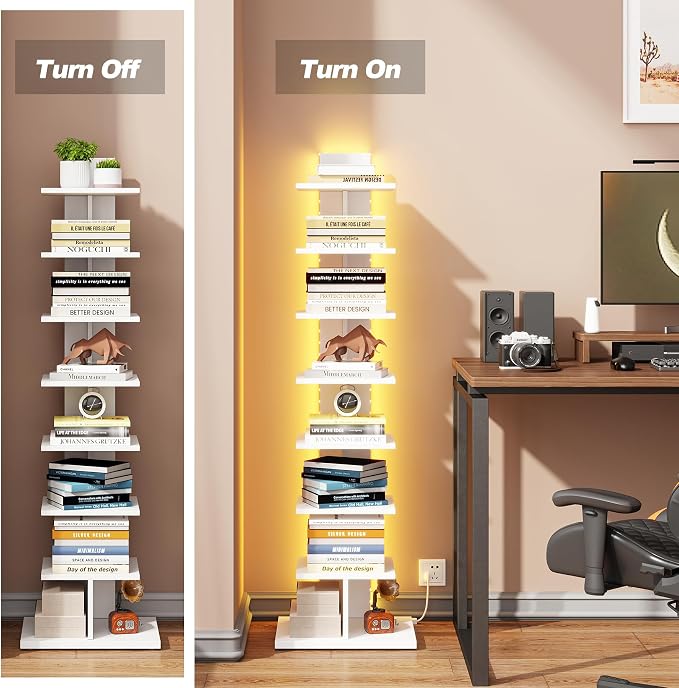 TUTOTAK Book Shelf, Narrow Spine Bookshelf, 8-Tier Bookcase with LED Lights | 10.4 x 13.4 x 47.5 Inches Vertical Freestanding Corner Shelf for Living Room, Office, Small Space, White BS06BW008L