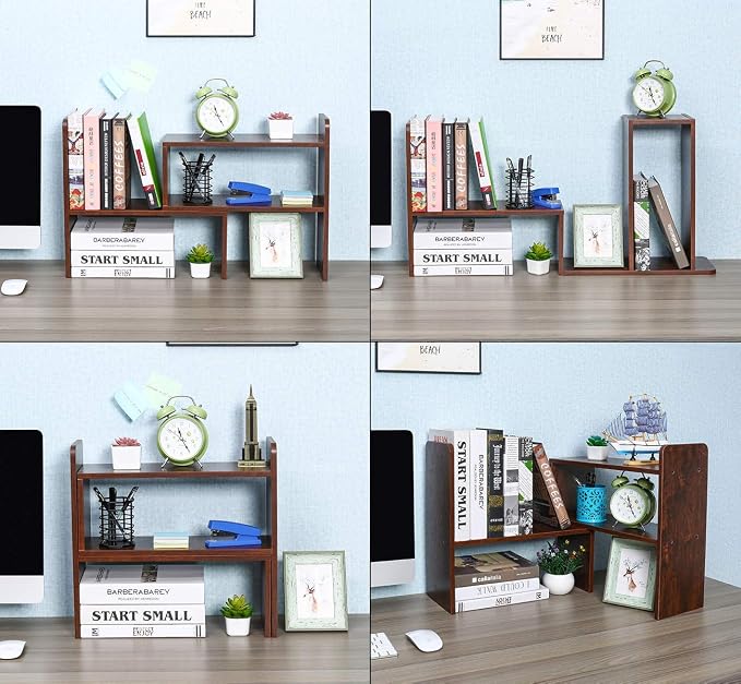 Desk Organizer Desktop Shelf Adjustable Countertop Bookshelf Small Table Shelves Book Organizer Office Organization for Desk, Antique Brown
