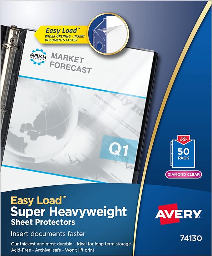 Avery® Diamond Clear Super Heavyweight Sheet Protectors, Easy Load, 50 Document Protectors (74130)