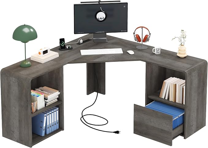 Computer Desk, Grey | Corner Desk w/ Fluted Storage, Sliding Doors, Drawers & 4AC+USB-C. Reversible Fits Any Room Layout For Home Office