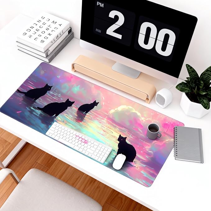 Anime Black Cat Gaming Mouse Pad, Blue Pink Dreamy Desk Mat with Anti-Slip Base & Stitched Edges,35.4" x 15.7" in Table Mat for Computer Desktop, Beautiful Workstation Decor