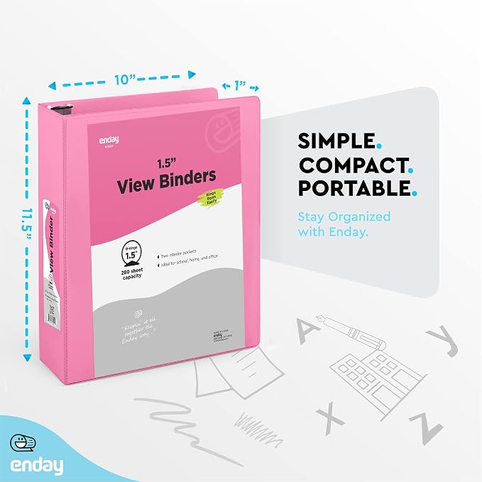 Enday 1.5 Inch Binder (6 Pack - Pink) 3 Ring Binder 1.5 inch with Clear View Cover and 2 Inside Pocket - for Letter Size 8.5 x 11'' Paper, Ideal for School Supplies, Office, and Home