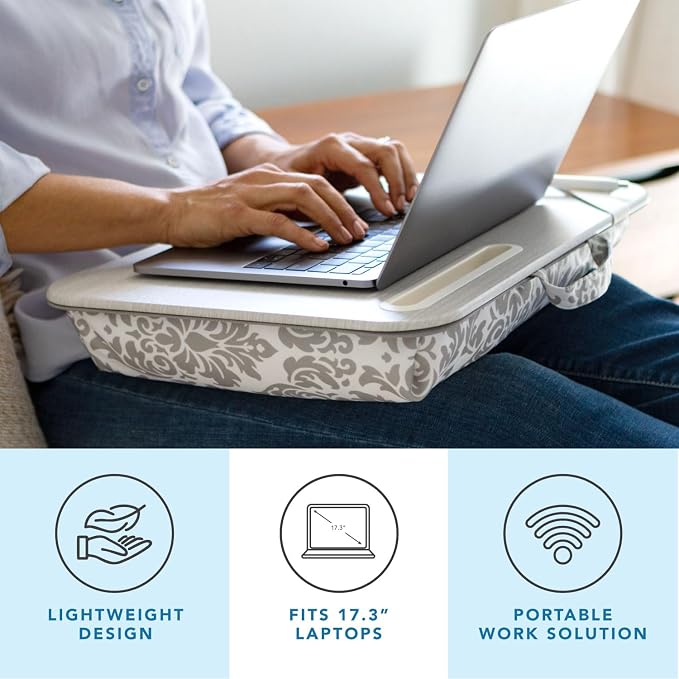 LAPGEAR XL Designer Lap Desk with Phone Holder and Device Ledge - Gray Damask - Fits up to 17.3 Inch Laptops - Style No. 45524