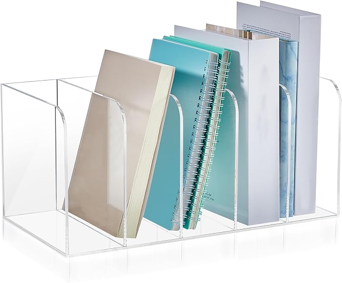 Suzile Clear Acrylic Magazine File Holder with Vertical Compartments Desk Organizer Book Rack for Desk Sorter Paper Folder Office Accessories(Classic,14.2 x 7.2 x 6.5 Inch)