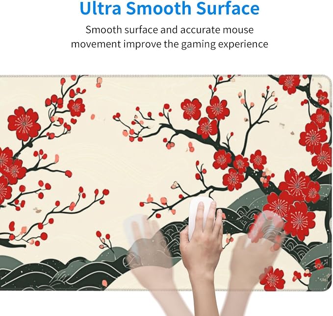 XL Desk Mat 31.5x15.7 Inch, Japanese Cherry Blossom Wave Mouse Pad Keyboard | Elegant Japanese Wave Design Keyboard Mat with Non Slip Base, Large Desk Pad for Office, Home Decor, Computer & Work Setup