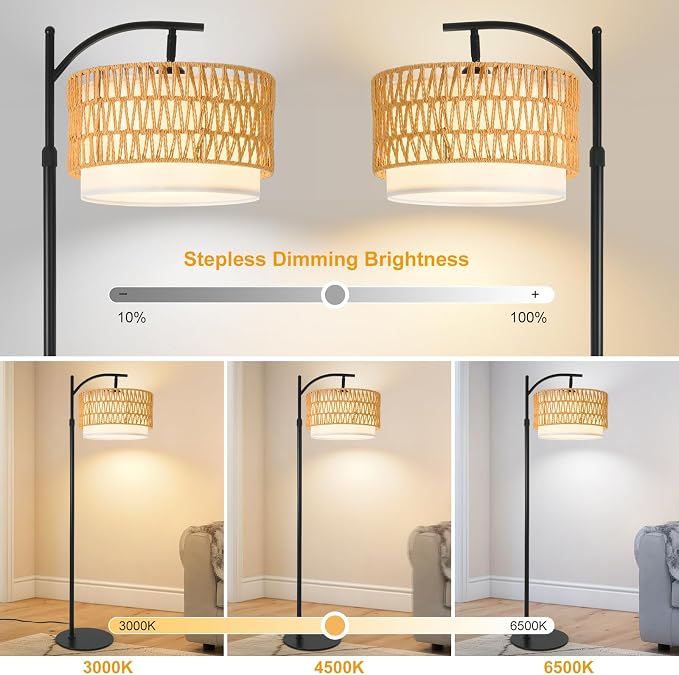 Rustic Black Farmhouse Floor Lamp with Woven Rattan Shade - 12W LED, Remote & Dimmable 3-Color Temp, Tall Standing Lamp for Living Room