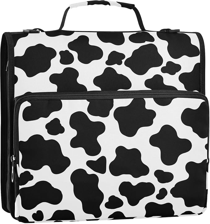 Cow Print 3 Ring Binder Bag 1.5 inch Binder Organizer with Zipper Shoulder Strap 500 Sheet Documents Storage for School Office