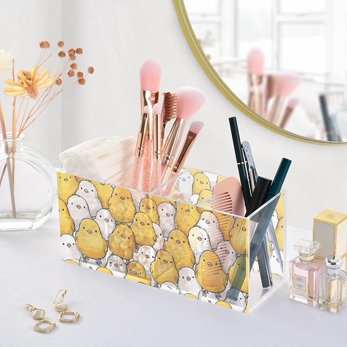 Yellow White Chicken Clear Acrylic Cutlery and Pen Organizer, Acrylic Plastic Pencil Holder Square 4 Compartments Large Capacity Acrylic Pencil Holder Desk Pencil Organizer