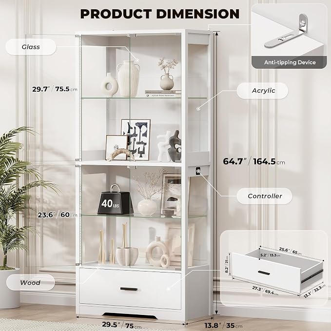 BROTTAR 4-Tier Display Cabinet with Glass Doors and Drawer for Collectibles | Glass Display Case with 3-Color Lights & Human Body Sensor, Curio Cabinets with Adjustable Shelves for Living Room, White