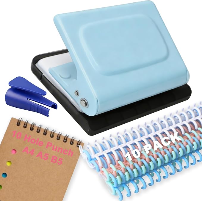 10 Hole Punch Binding Machine for Planner, Manual Binding System with 10 Multi-Color Binder Rings for Making 26 Holes on B5, 30 Holes on A4, 20 Holes on A5 Book, 10 Sheet Capacity (Blue)
