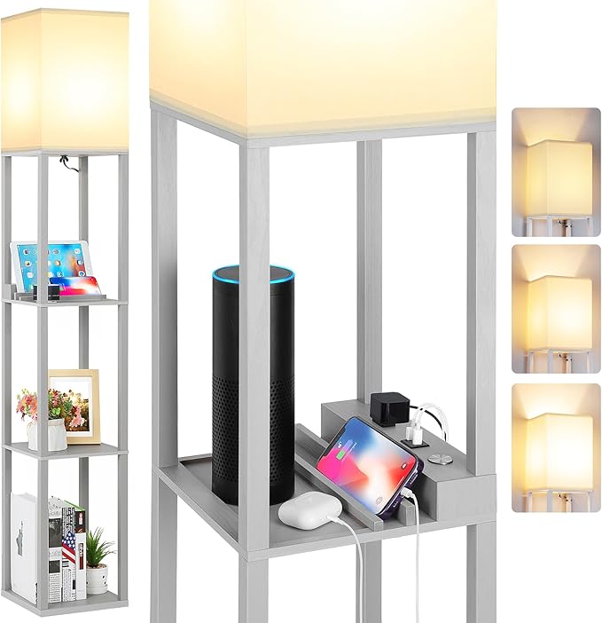 LED Shelf Floor Lamp, Modern Touch Control Dimmable Standing Lamp with 2 USB Ports and 1 Power Outlet, Corner Tall Lamps with Shelves, Wood Standing Light for Bedroom, Living Room, Grey | 3-Tier Modern Square Bookshelf Lamp, Corner Standing Light with ...