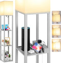 LED Shelf Floor Lamp, Modern Touch Control Dimmable Standing Lamp with 2 USB Ports and 1 Power Outlet, Corner Tall Lamps with Shelves, Wood Standing Light for Bedroom, Living Room, Grey | 3-Tier Modern Square Bookshelf Lamp, Corner Standing Light with ...