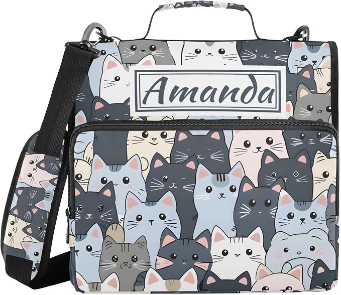 Custom 3 Ring Zipper Binder Cat Cute Blue Personalized Name 1.5 inch Binders Large Capacity Multi Pockets for School Office Supplies