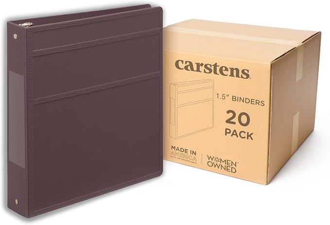 Carstens 1.5-Inch Heavy Duty 3-Ring Binder - Side Opening, Plum, Durable Plastic, No-Gap Rings, Waterproof Covers, No Pockets, Holds 250 Letter-Size Sheets, BPA-Free, Made in USA (2044-3R), Case of 20