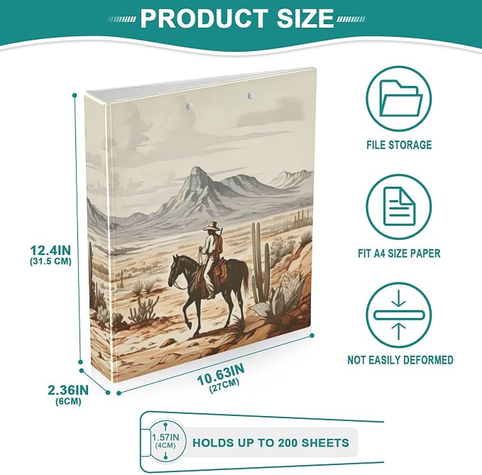 3 Ring Binder, Western Cowboys Clipboard Binder with 2 Pockets, 1.5 Inch Three Ring Binder Heavy Duty Round Ring Binders for Office Supplies
