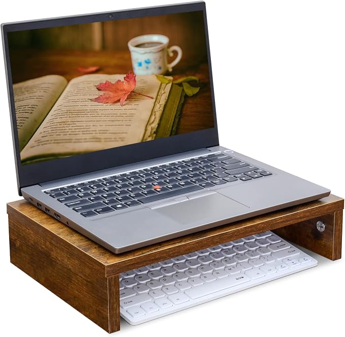 TEAMIX Wood Monitor Stand Riser for Desk - 14.2 inch, Small Laptop Stand | Rustic Brown, Holds 80 lbs, Wooden Computer Stand with Storage, Ergonomic Design, Easy Assembly, For Home Office, Gaming