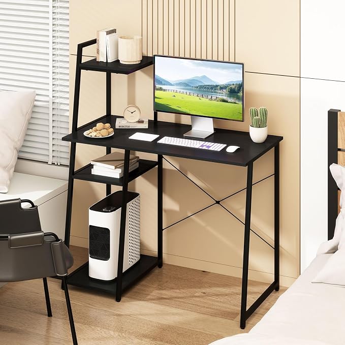 Giantex Computer Desk with Shelves, 47.5” Home Office Desk with Bookshelf, Host Stand, Metal Frame, PC Laptop Workstation, Modern Study Writing Desk for Bedroom, Small Space (Black)