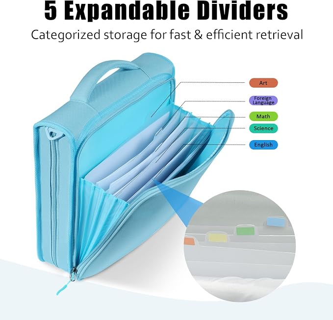 2 Inch 3 Ring Zipper Binder with 500 Sheet Capacity, 6 Tab Expanding File Folder, Multi-Pocket Design, Shoulder Strap and Handle for Middle School and Office (Light Blue)
