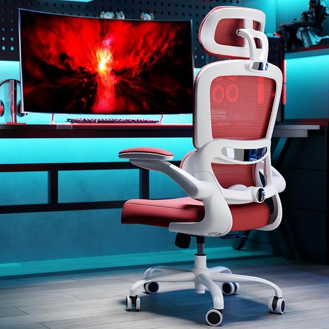TRALT Office Chair Ergonomic Desk Chair - Gaming Chair with Lumbar Support | 330 LBS Home Office Desk Chairs with Headrest, Reading Chair with Flip-up Armrests, Comfortable Computer Chairs (1, Red)
