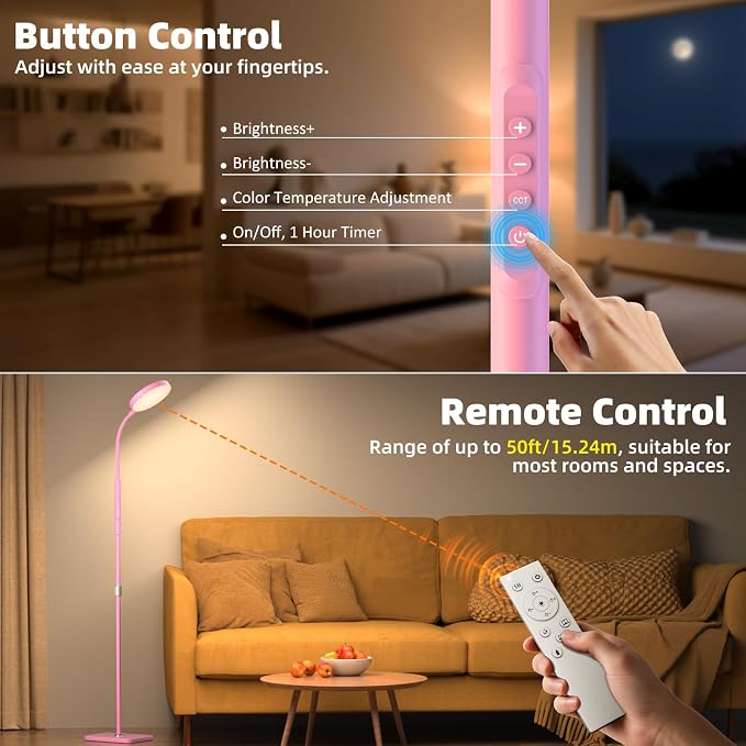 PACOVY Floor Lamp, Adjustable Height Floor Lamps for Living Room Bedroom, 120 LED Super Bright Standing Lamp Remote Control Dimmable Gooseneck Tall Stand Reading Lamp for Office Craft, Pink