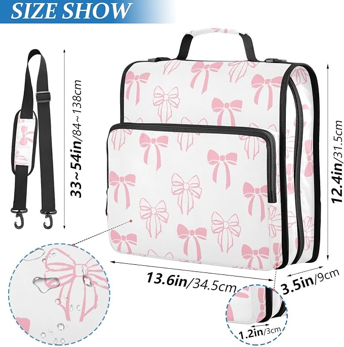 Bow Knot Pink Doodle Zipper Binder with Shoulder Strap Trapper Keeper 3 Ring Binder Organizer Large Capacity Multiple Compartments for School Office
