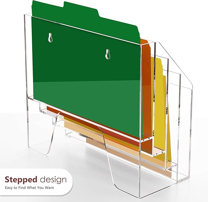 DINGHUO Acrylic Desk File Mail Organizer Wall Mounted, 4-Tier Hanging File Folder Holder, Clear Office Magazine Rack (Adhesive Hooks x 2)