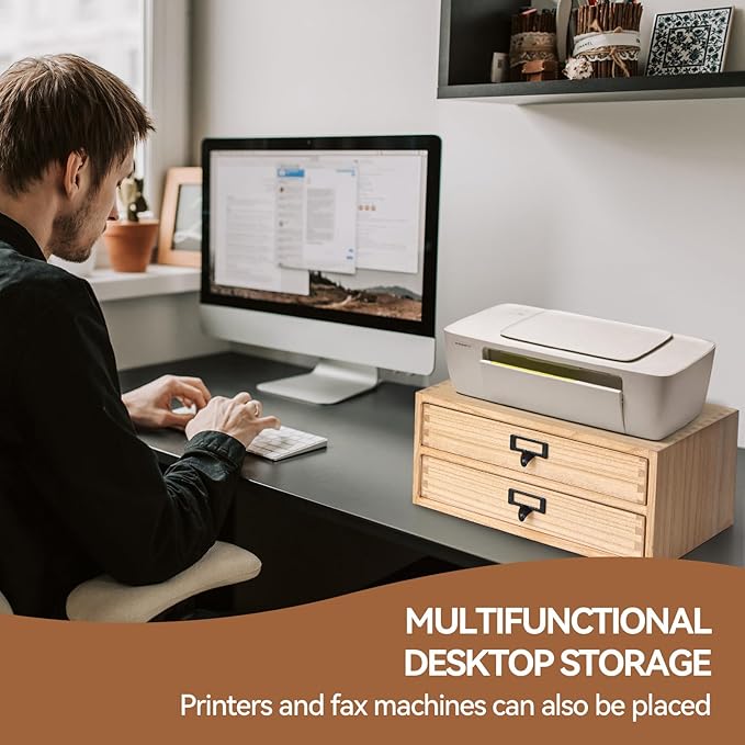 KIRIGEN Solid Wood Desk Organizer with 2 Drawers, Desktop Storage, Natural | 2-Drawer Cabinet for Printer Paper, Mail, Notebooks, and Office Supplies, 13.78 x 10.6 x 5.9 In, Fully Assembled