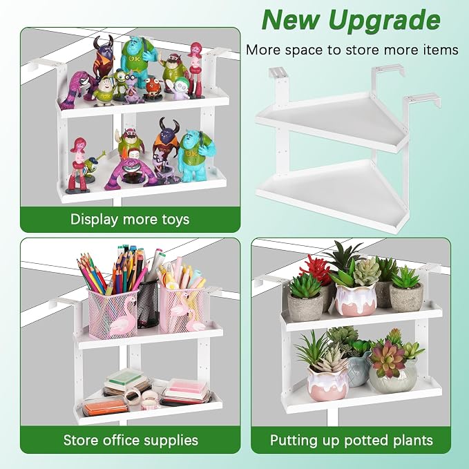 Office Cubicle Shelf, Double Layer Cubicle Storage with Adjustable Hooks | Shelf Organizer Accessories, Height Adjustable 11in Large Hanging Corner Shelf for Plant, Book, Photo Frames, Tissue, White