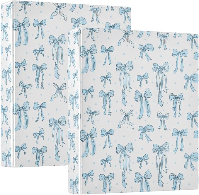 Aslsiy Doodle Bow Knots Blue 3 Ring Binder 1.5 Inch Coquette Round Clipboard Binder Decorative Harcover Binders Organizer for Office Supplies