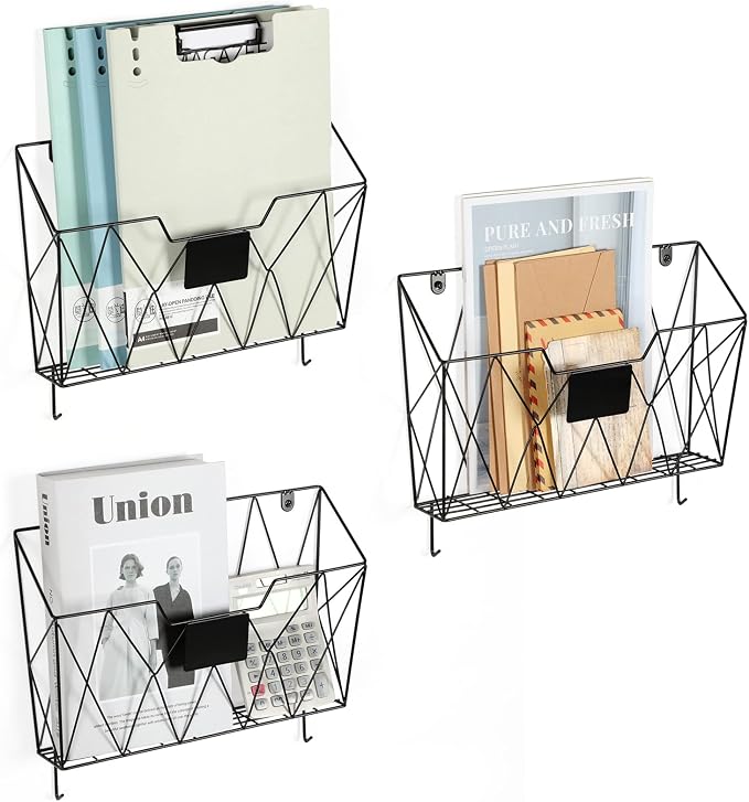 Wall File Organizer, 3 Pack Metal Wall Basket File Holder for Home Office | Vertical Hanging File Organizer, Mail Organizer Wall Mounted Magazine with Label Slot & Hooks, Sorts paper, Mails & Supplies