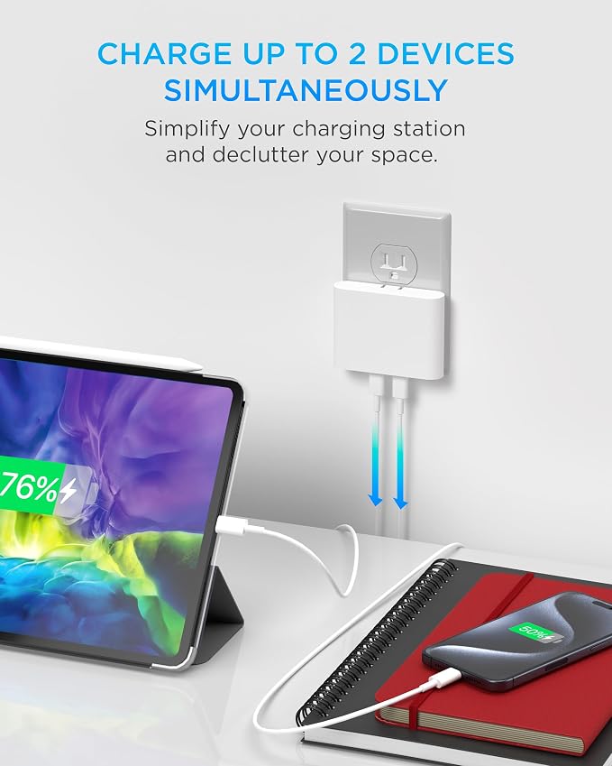 iHome Multiport 40W USB-C Charger, AC Pro 2-Port Flat Block, Dual Fast Charging Wall Adapter | Foldable Prongs, Fast Charging, 2.5x Faster, Charges iPhone, Android, iPad, AirPods, 2 USB-C Ports, Multiport Plug for Home
