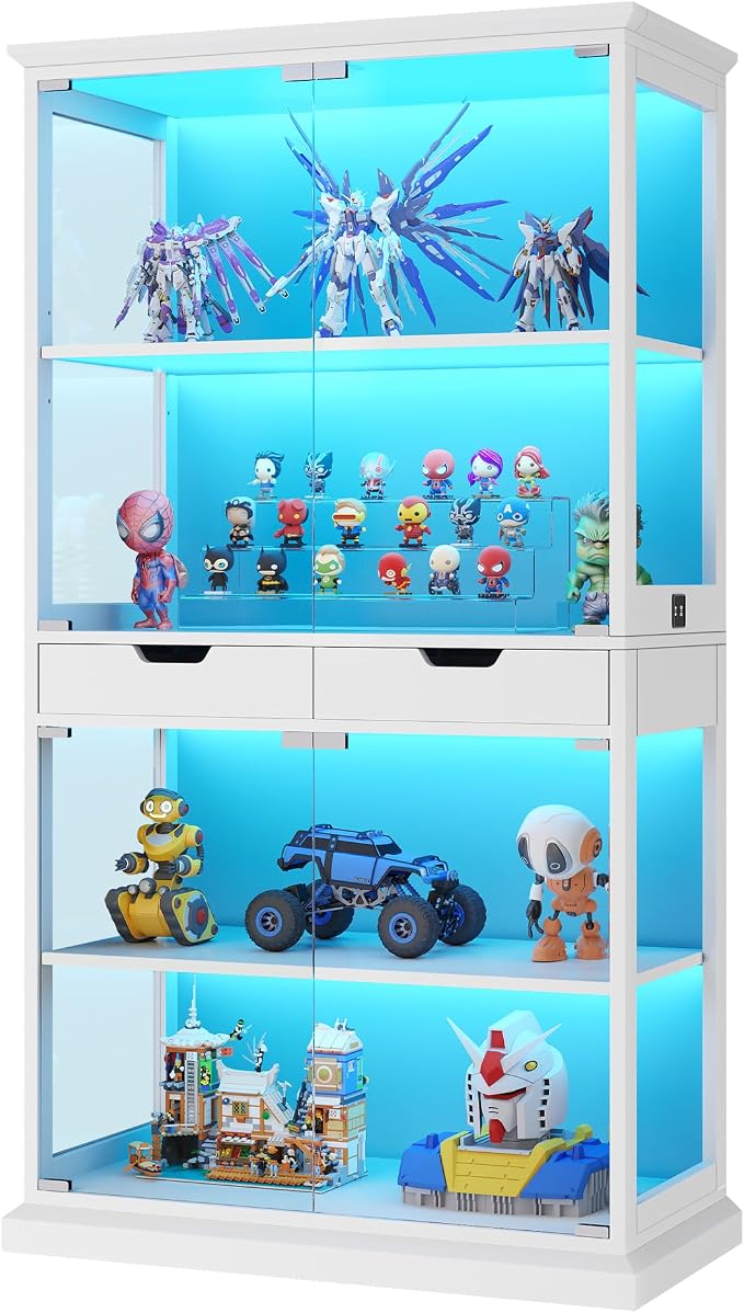 Jocoevol Display Cabinet with Glass Doors, 4-Tier Curio Cabinet with with 2 Drawers for Collectibles, Modern Glass Display Case Human Body Sensor & RGB Lights for Living/Game Room (White)