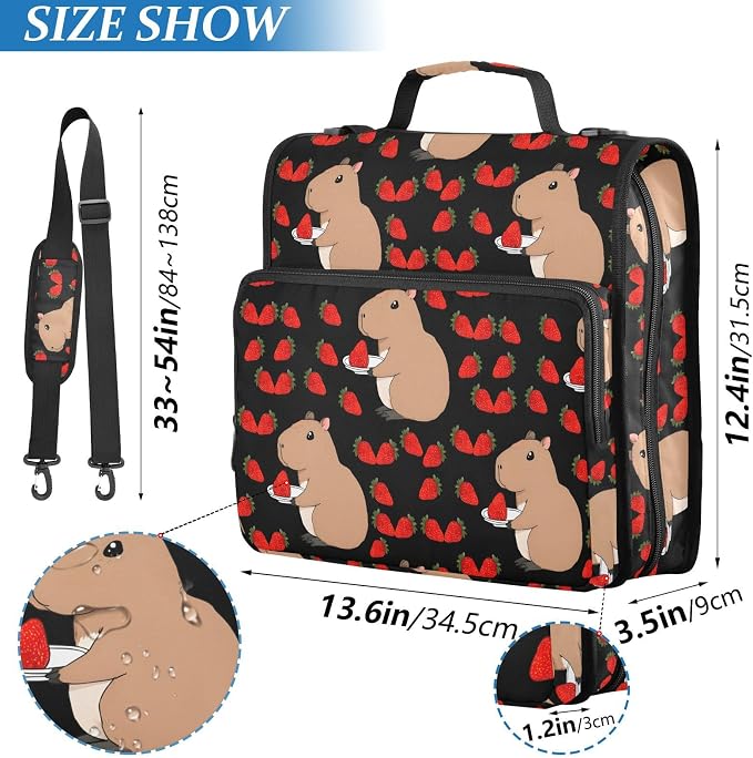 Capybara Strawberry Black 3 Ring Binder Bag 1.5 inch Binder Organizer with Zipper Shoulder Strap 500 Sheet Documents Storage for School Office