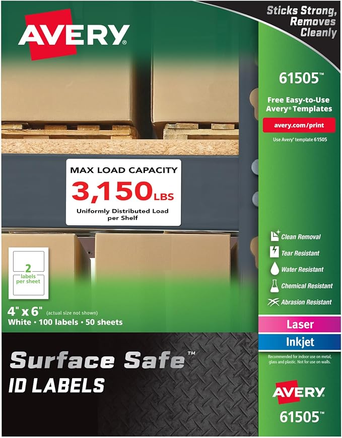 Avery® Surface Safe® ID Labels, 4" x 6", Water Resistant, Matte White, Removable Adhesive, 100 Labels (61505)