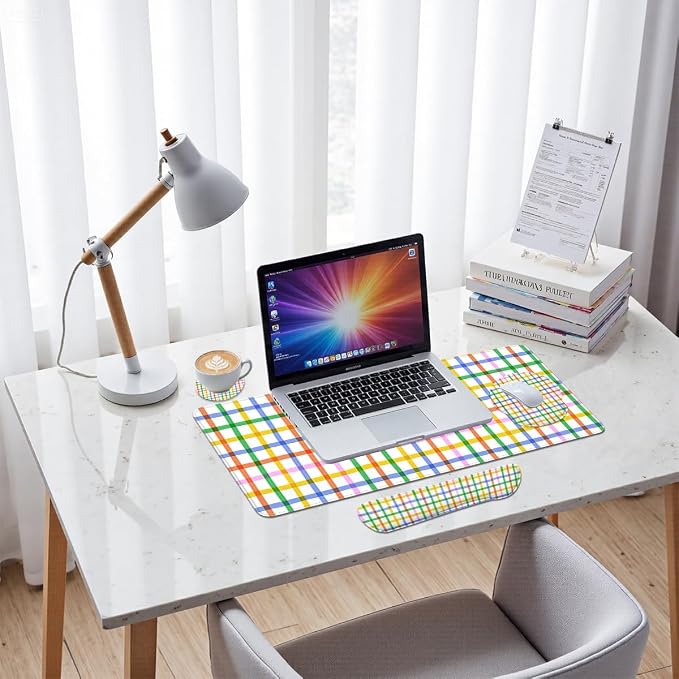 Plaid Mouse Pad Set Colorful Rainbow Checkered Seamless Gaming Mousepad 4in1 Desk Mat for Desktop Anti-Slip XXL Big Computer Ergonomic Mousepad with Wrist Support for Keyboard and Mouse