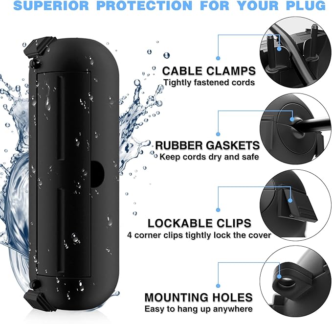 Flemoon [3 Pack] Outdoor Extension Cord Safety Cover with Waterproof Seal, Weatherproof Electrical Connection Box to Protect Outdoor Outlet, Plug, Socket, Christmas Holiday Decoration Light, Black