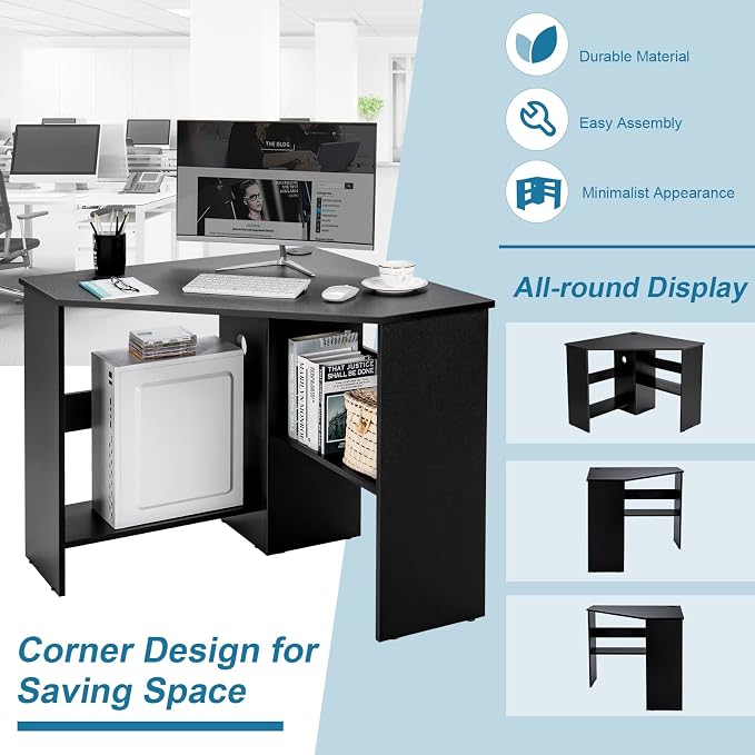 Tangkula Corner Desk, 90 Degrees Triangle Computer Desk for Small Space, Bedroom Corner Makeup Vanity Desk with Storage Shelves & CPU Stand