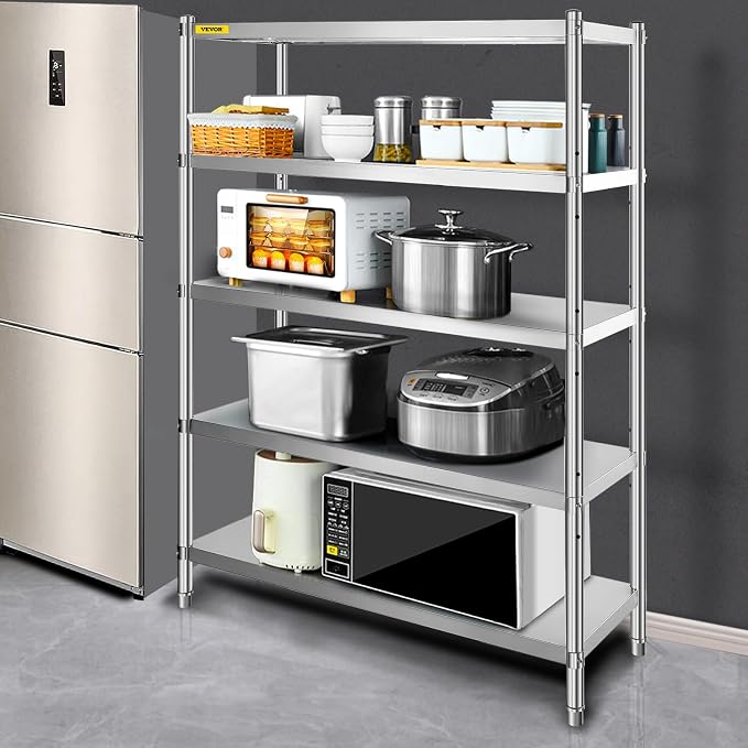VEVOR Stainless Steel Shelving 60x18.5 Inch 5 Tier Adjustable Shelf Storage Unit Stainless Steel Heavy Duty Shelving for Kitchen Commercial Office Garage Storage 330lb Per Shelf