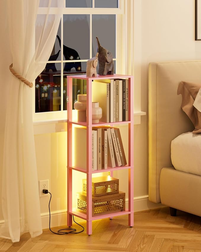 Open Book Shelf with LED Lights, 4 Tier Small Bookshelf, Freestanding Shelf Narrow Bookcase with Open Shelves, 14.96" x 10.63" x 41.26", Book Shelves for Living Room, Office, Study, Pink