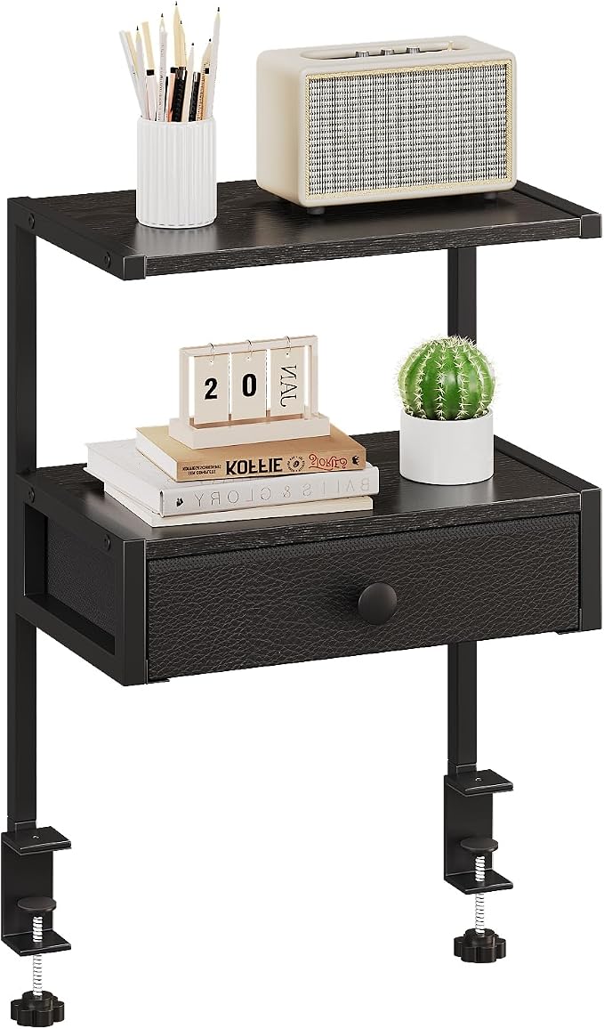 VENNQD Clamp On Desk Shelf, 2-Tier Desktop Organizer, Wood Desktop Supplies Tabletop Book Storage Rack with Adjustable Shelves for Table Working and Gaming Accessories, Black