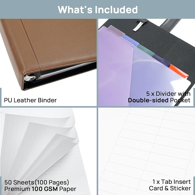 POPRUN 2 Inch PU Leather Portfolio Binder, Letter Size, Brown | 2" Ring, Letter Size, PU Leather, Dividers, Document Organizer, Business, Meetings, Office
