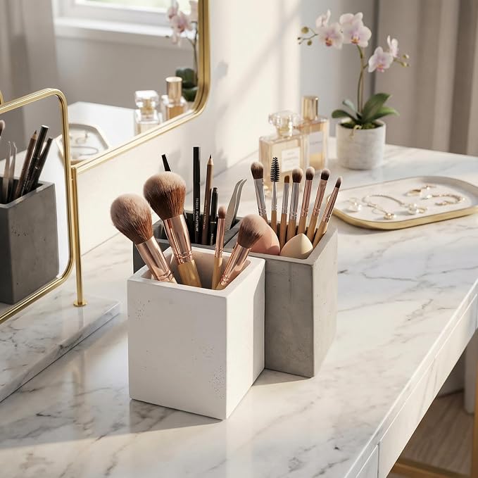 MyGift Pen Holder Pencil Holder For Desk,Pen Cup Holder For Desk,Concrete Desktop Pencil Cup,Modern Gray-Tone,Set of 3 | Functional Minimalist Pen Holder, Stylish desktop organizer keep writing essentials neatly arranged for Home and Office Desks