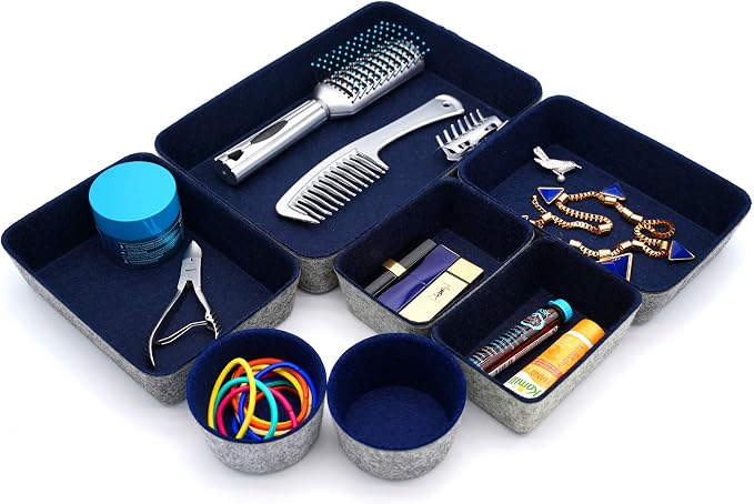 7 Piece Felt Desk Drawer Organizer Storage Bin Navy Catchall Tray | Sustainable material soft yet sturdy,multi-purpose storage, sleek minimalist lifestyle