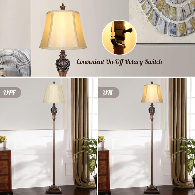Vintage Floor Lamp for Living Room, Traditional Tall Standing Lamp | Eye-caring Fabric Shade, Stable Antique Base, Farmhouse Rustic Design, Bright Floor Lighting