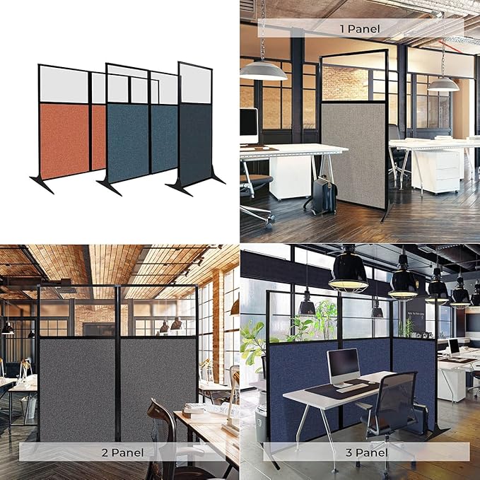 Versare Workstation Partition | Portable Wall Divider | Modern Office Cubicle | Free Standing Privacy Screen | Flexible Work Space | 33" x 70" W/Window, Navy Blue Fabric Panels